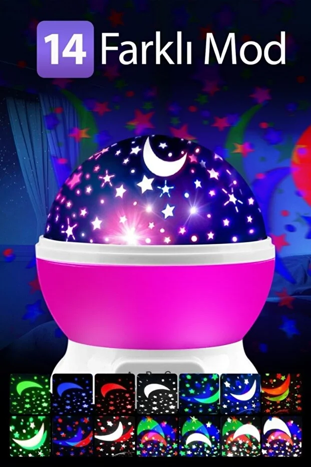 Ay ve Yıldızlı Gökyüzü Yansıtmalı Dönen Projeksiyon Gece Lambası- Çocuk Bebek Odası Pembe